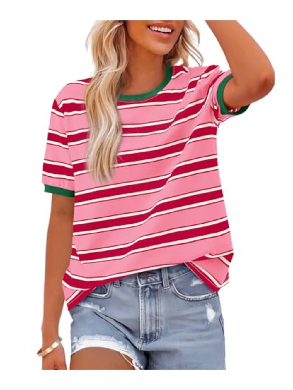 Striped Short Sleeve T-Shirt Lightweight Loose Fit Crew Neck